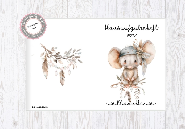 zuckersüßer Schulheft Umschlag Maus 1 Boho Style Hausaufgabenheft in seperater hochwertiger Hülle Einschulung Schulkind von Lüttentüddel®